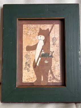 Primitive Folk Watercolors Made in Michigan Cat Print Framed